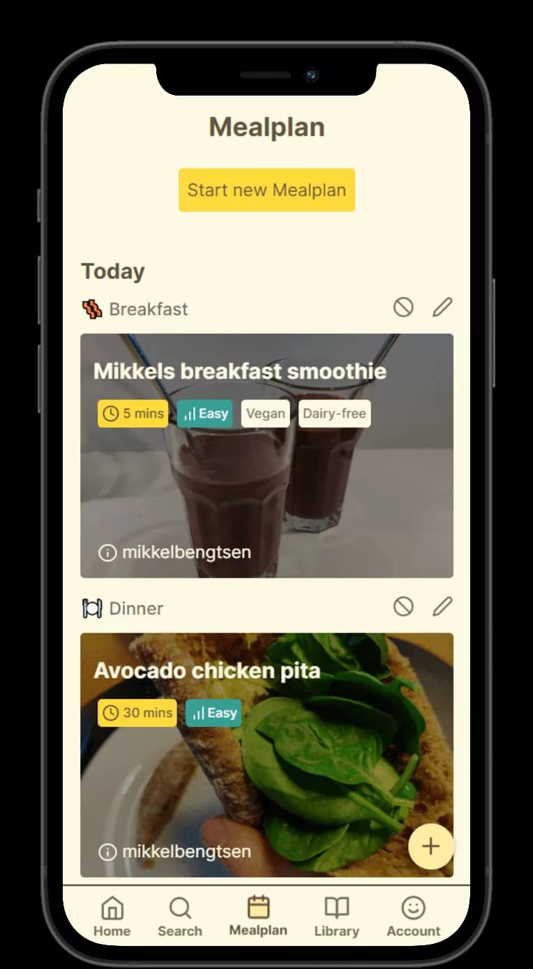In app image of a user's mealplan on mobile
