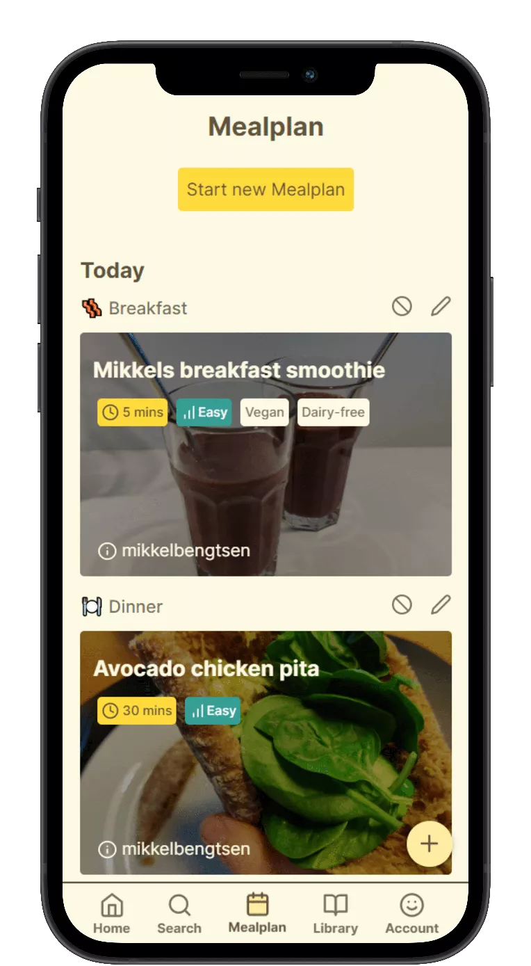 In app image of a user's mealplan on mobile